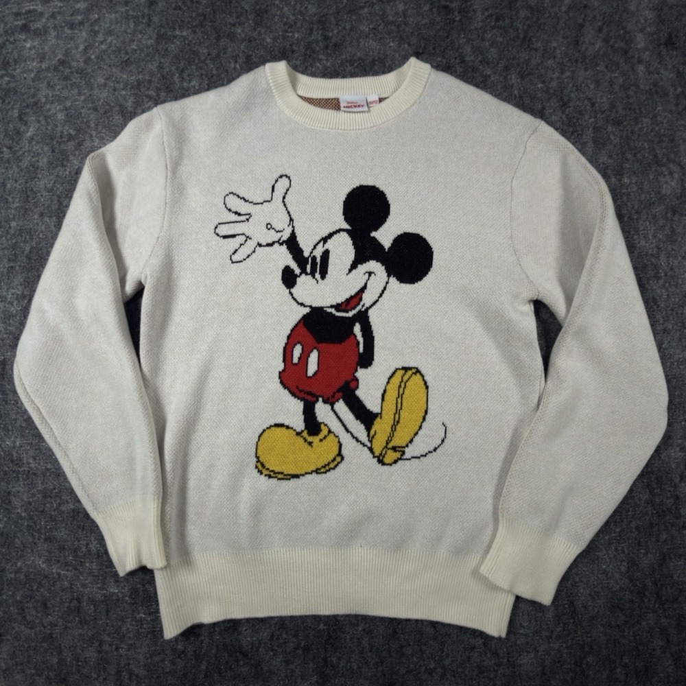 Vintage 80s Disney Junior Mickey Mouse Sweater Kids 10/12 Ivory Knit Pullover